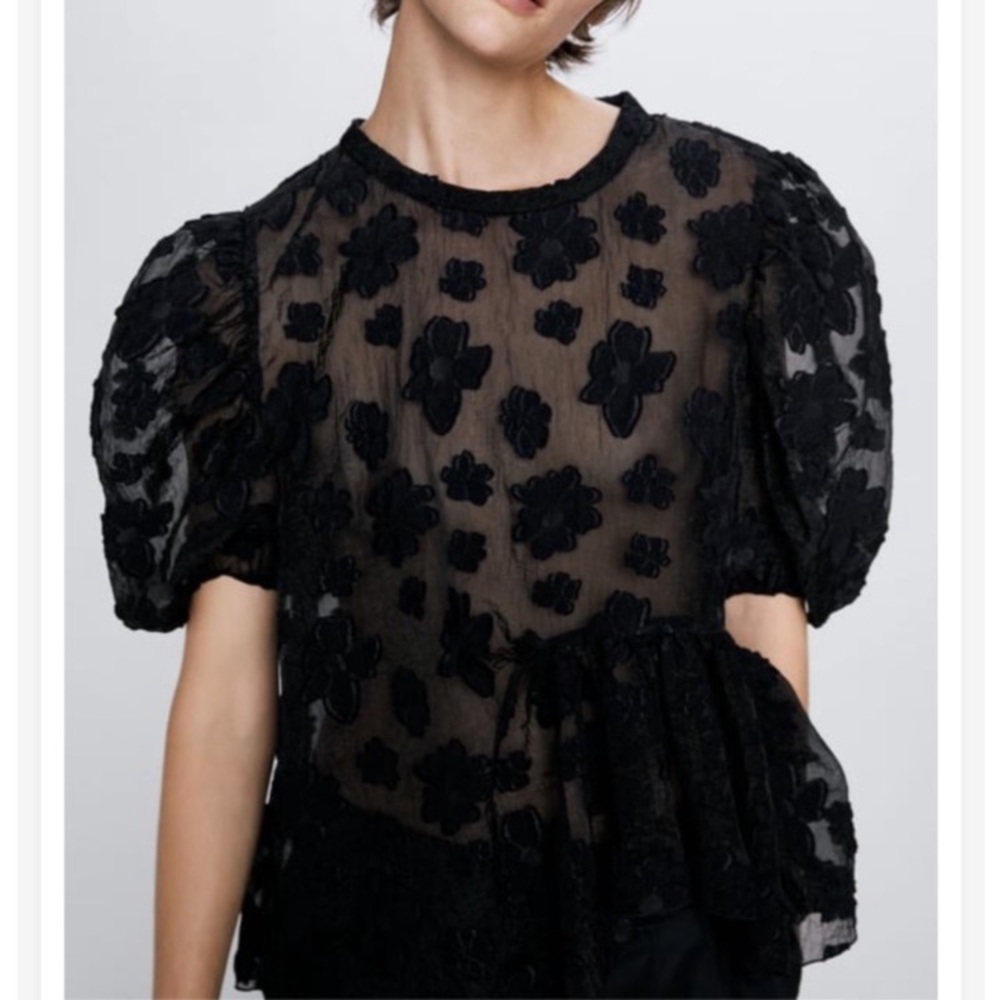 Zara Black Sheer Floral Appliqué Puff Sleeve Blouse